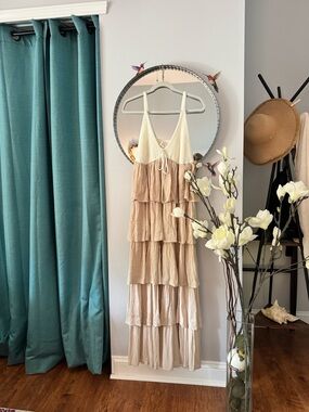 Tiered Maxi Sundress with Cream Bodice and Tan Skirt